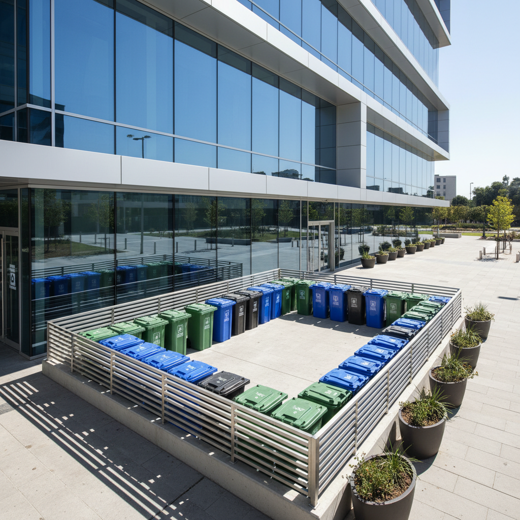 Modern commercial office building, bright daylight, glass facade, clean professional exterior