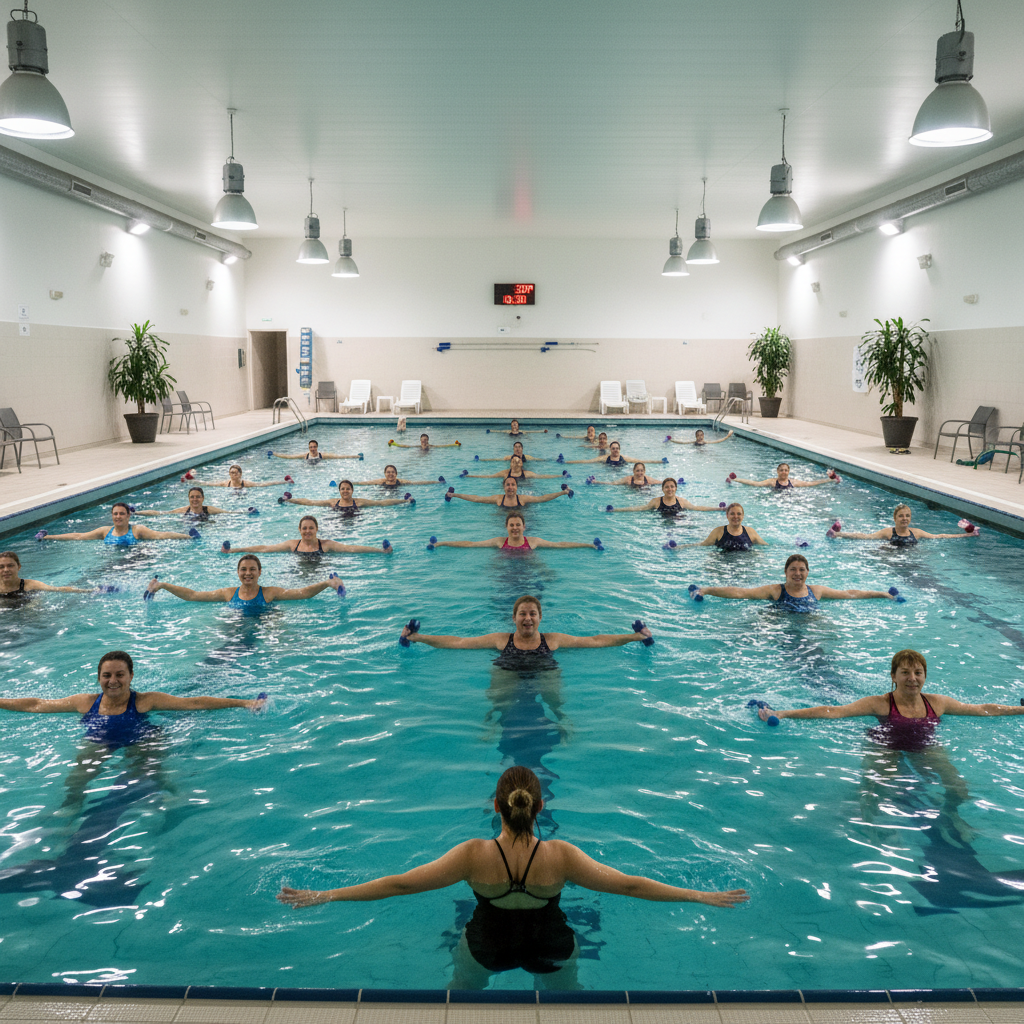 Packed Surge aqua fitness class with members in chest-deep water, industrial pendant lights overhead