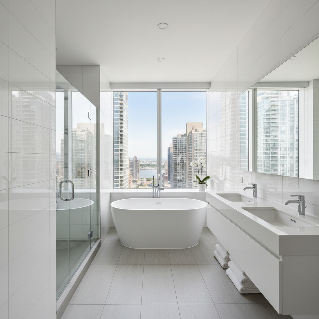 Bright newly constructed apartment with clean white walls and polished marble floors after construction cleanup