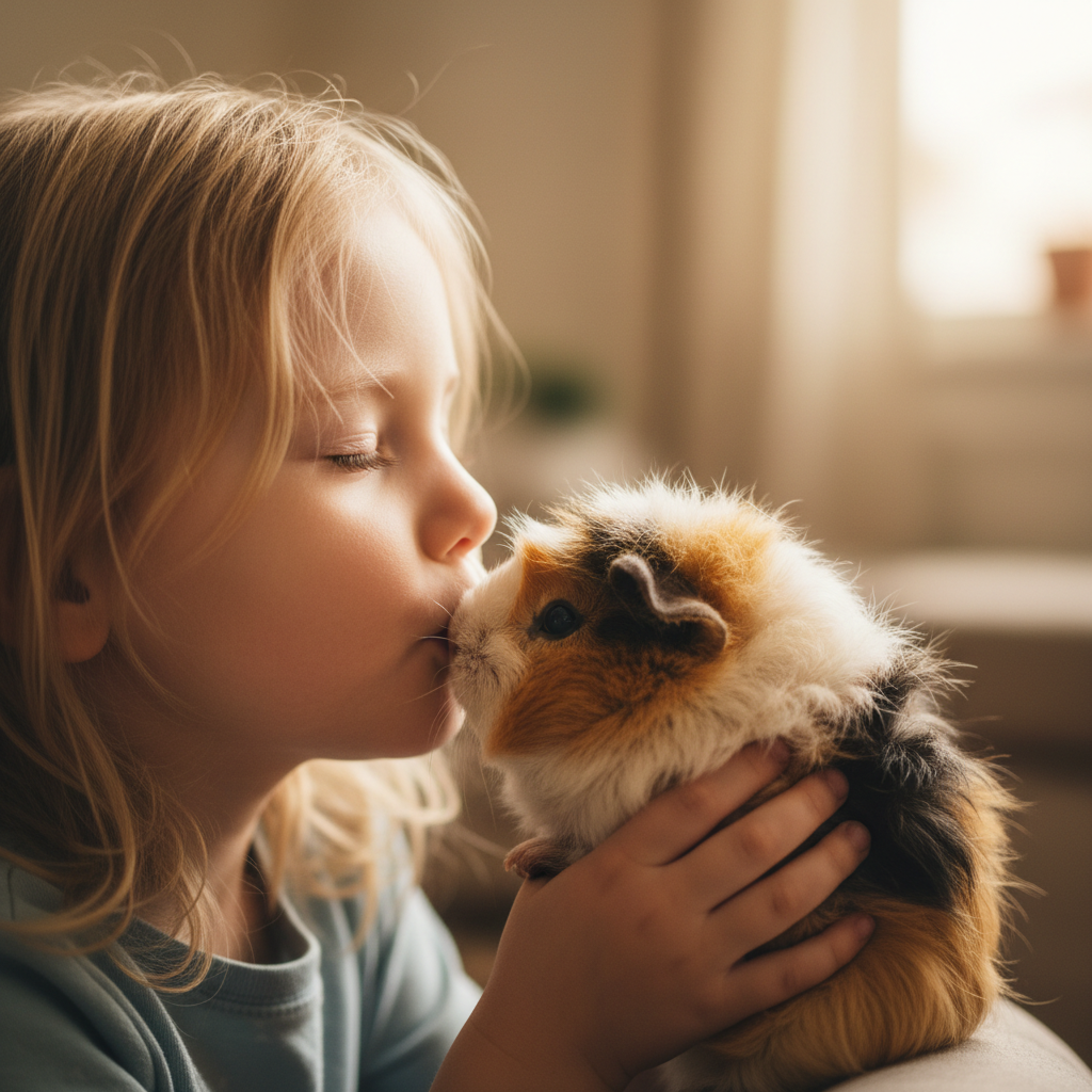 Child kissing the top of a fluffy guinea pig's head, eyes squeezed shut with love