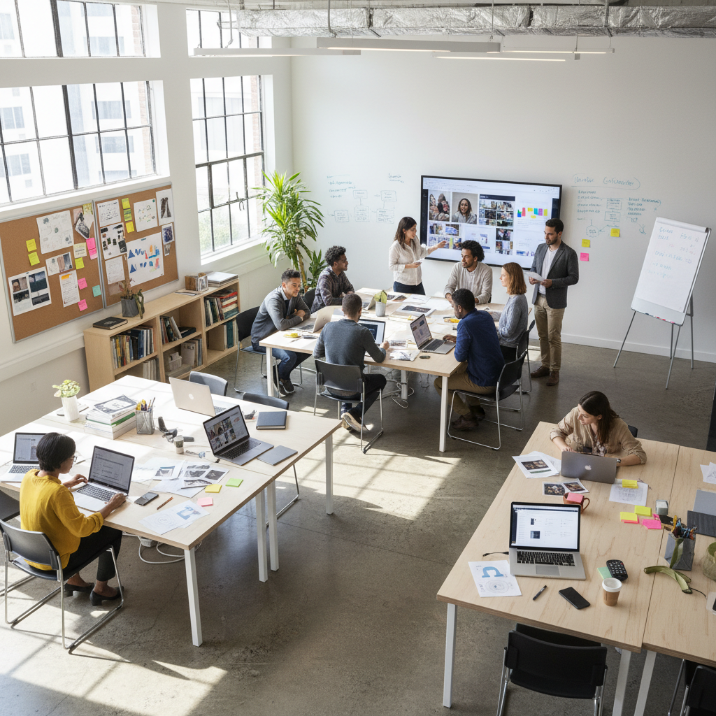 Small business web design team collaborating on laptops in bright modern office, warm natural light, professional environment