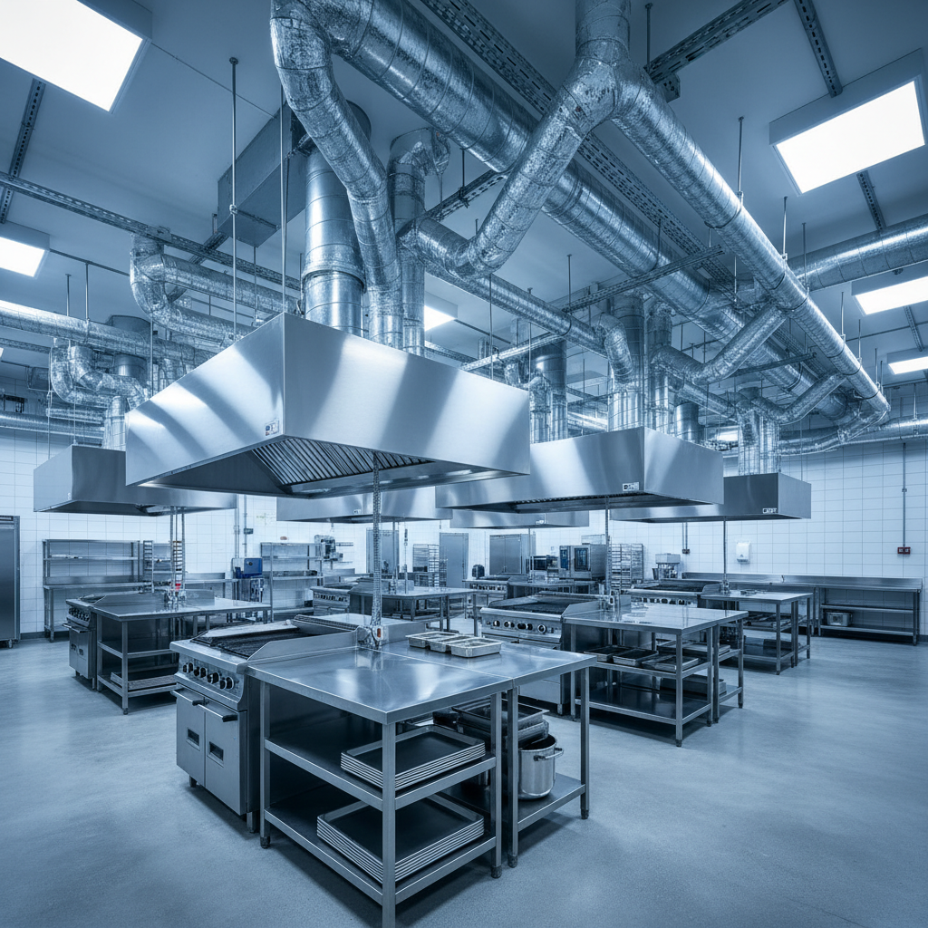 Industrial ghost kitchen with multiple exhaust hoods, stainless steel stations, and professional ventilation system