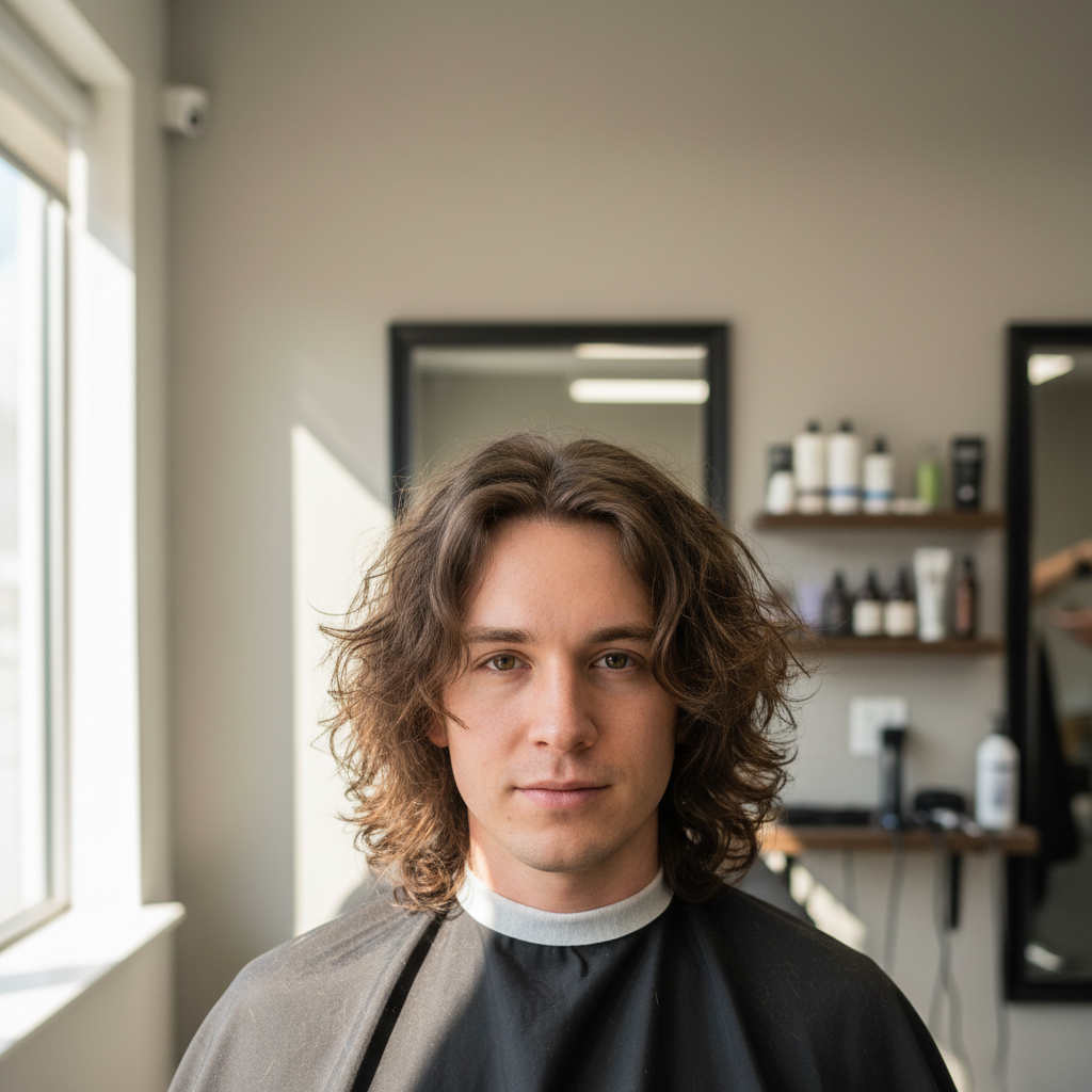 Before: Ungroomed man with overgrown hair in a bright airy well-lit environment