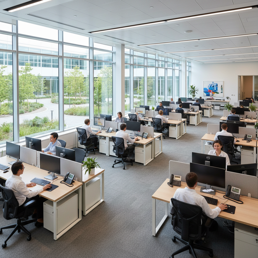 Modern corporate campus office with standardized ergonomic workstations and employees comfortably working