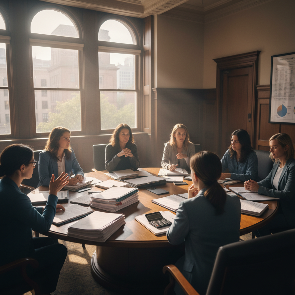 Small nonprofit board meeting around a table with documents and discussion