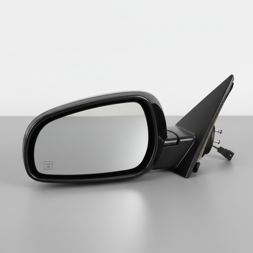 Side mirror assembly in black, power-adjustable, heated glass, no cracks