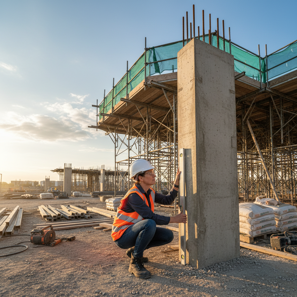 Site supervisor checking column alignment at Indian construction project