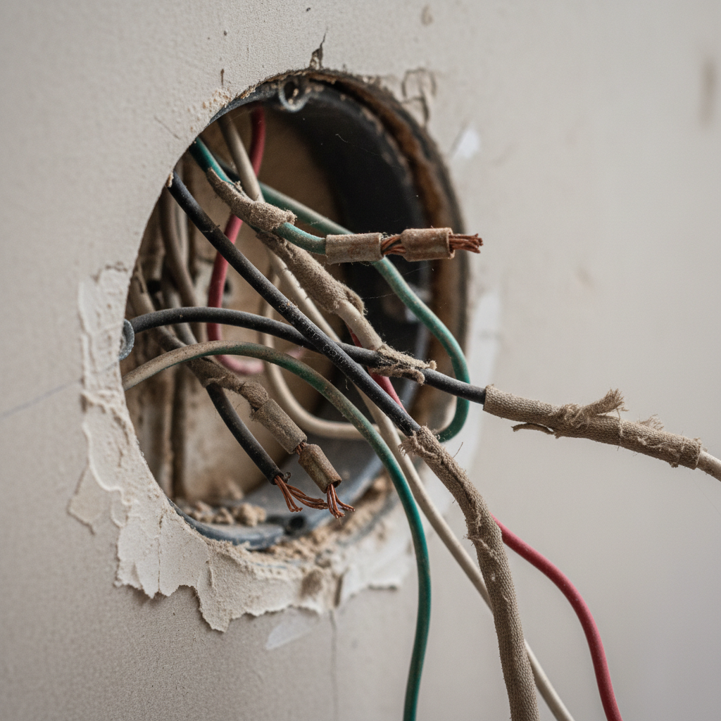 Exposed wiring behind wall during thermostat removal showing old electrical work