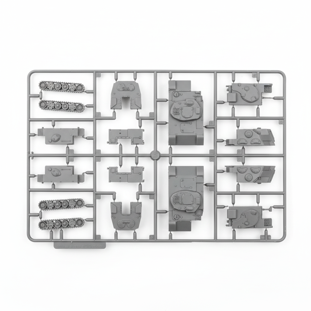 Gray plastic runner sprue with tank parts fresh from January Sprue box