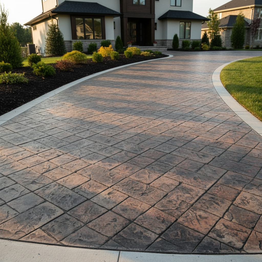 New stamped concrete driveway freshly installed, bright afternoon light, clean edges, smooth surface, modern home setting