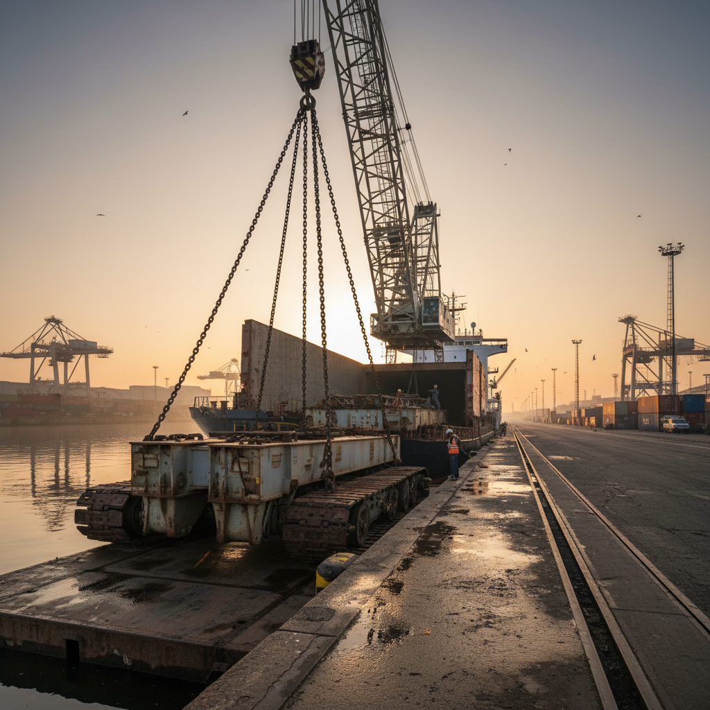 Large cargo ship at port with heavy machinery loaded on deck at dawn