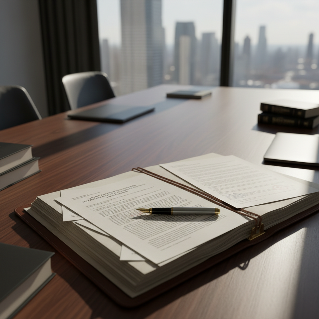 Legal documents and a pen on a clean white desk with natural light from a window