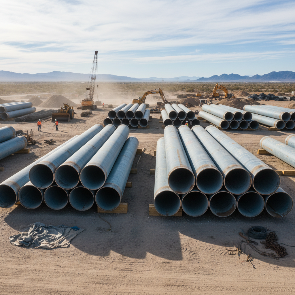 Large diameter pipeline sections staged at a construction site ready for installation