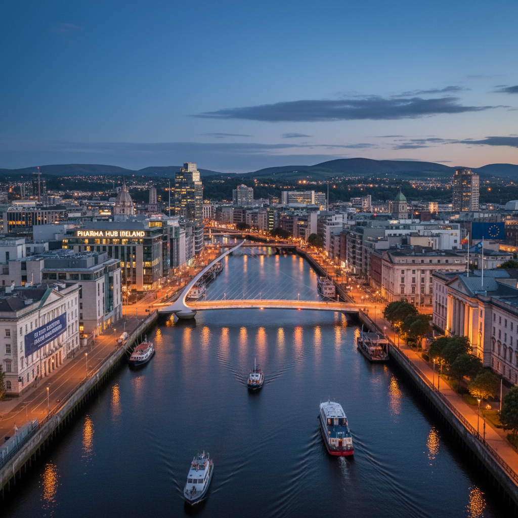 Dublin cityscape with River Liffey and Samuel Beckett Bridge at dusk, Irish financial district