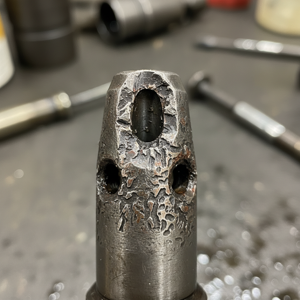 Diesel injector removed from engine showing eroded nozzle tip