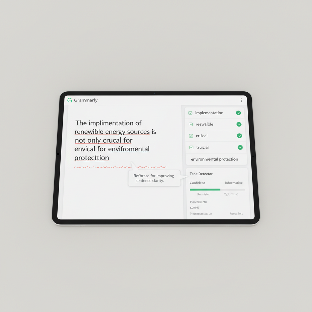 Grammarly writing assistant on bright clean laptop screen with document open