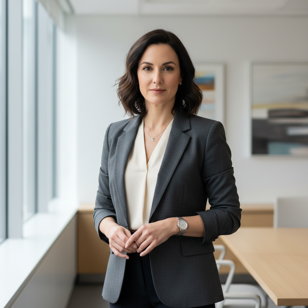 Professional woman in blazer, confident stance, interior setting