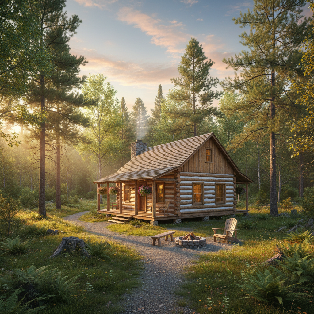 Beautifully renovated log cabin at golden hour with warm interior lights glowing through windows