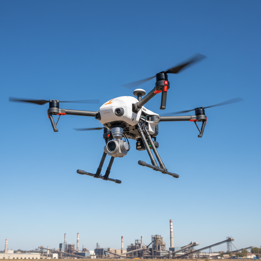 Commercial drone flying over industrial site for aerial inspection and surveying, professional UAV in flight