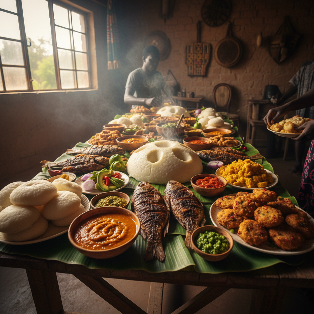 Wide spread of West African dishes steaming on a long table — fufu, tilapia, djenkoumé, ablo, akara laid across banana leaves