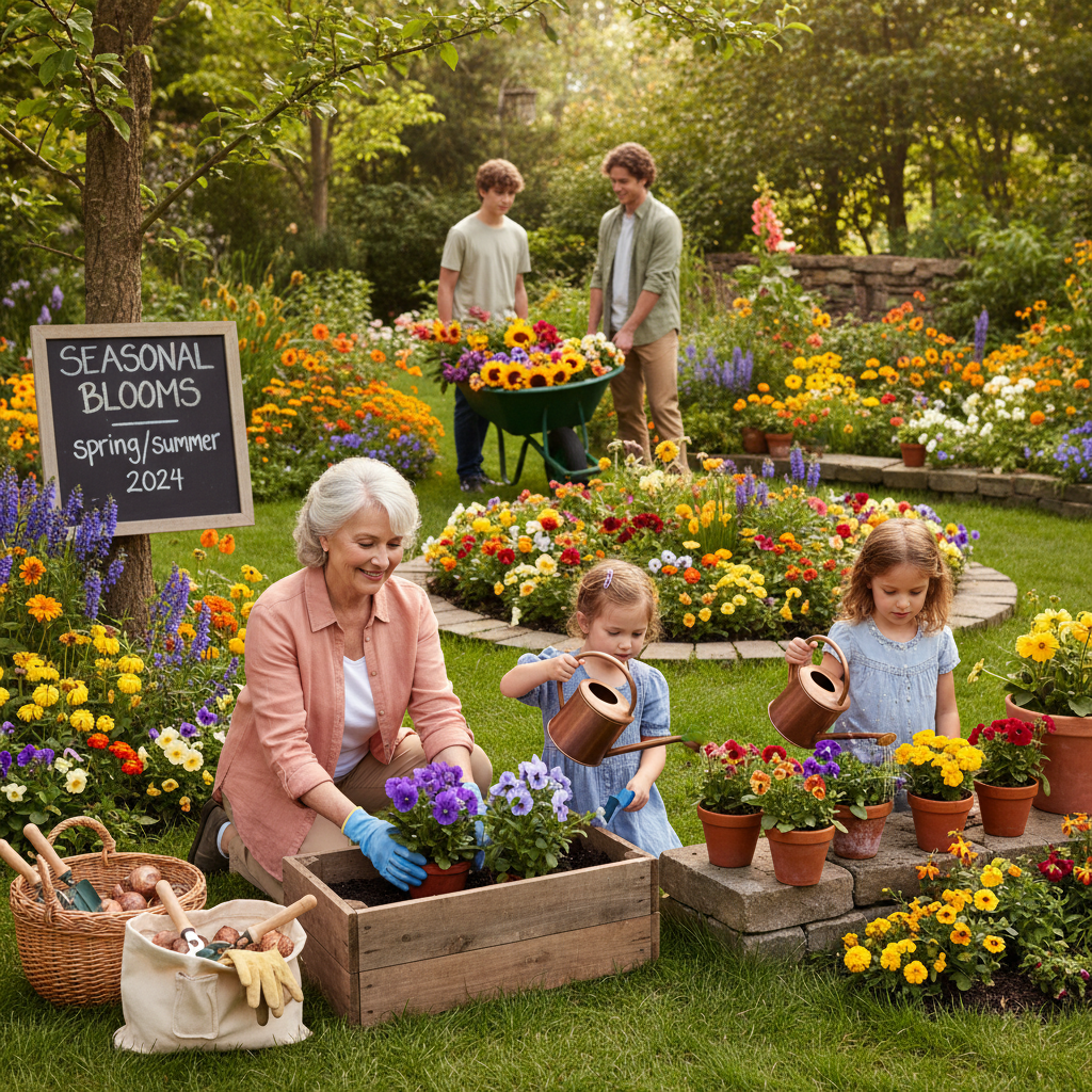 Family working together in the vegetable garden, pulling weeds and watering plants