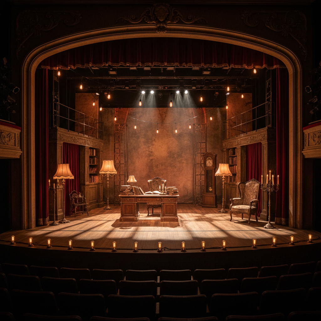 Fully dressed and lit theatrical set glowing with warm practical lights and dramatic shadows, empty and waiting