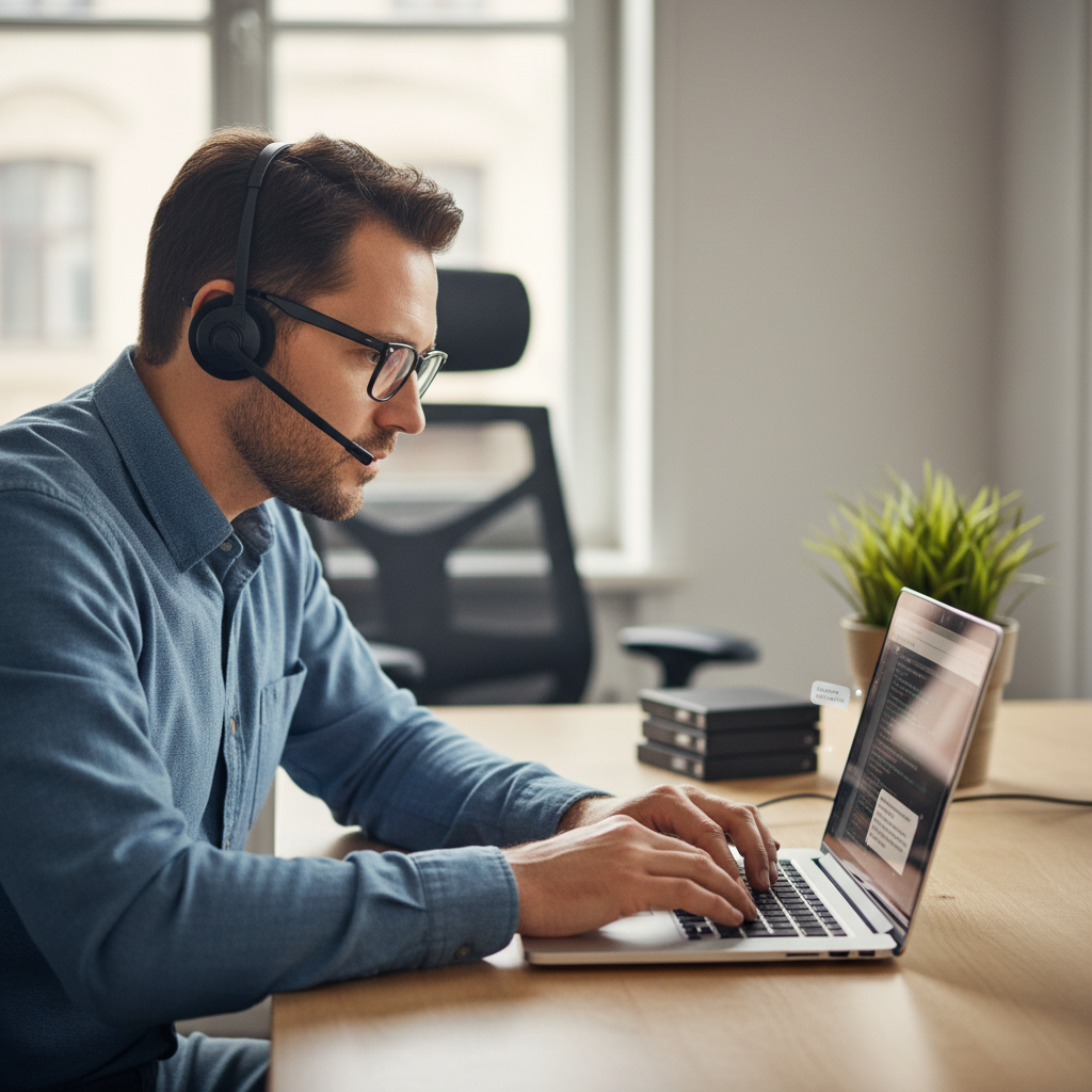 Certified technician providing remote computer support on a laptop