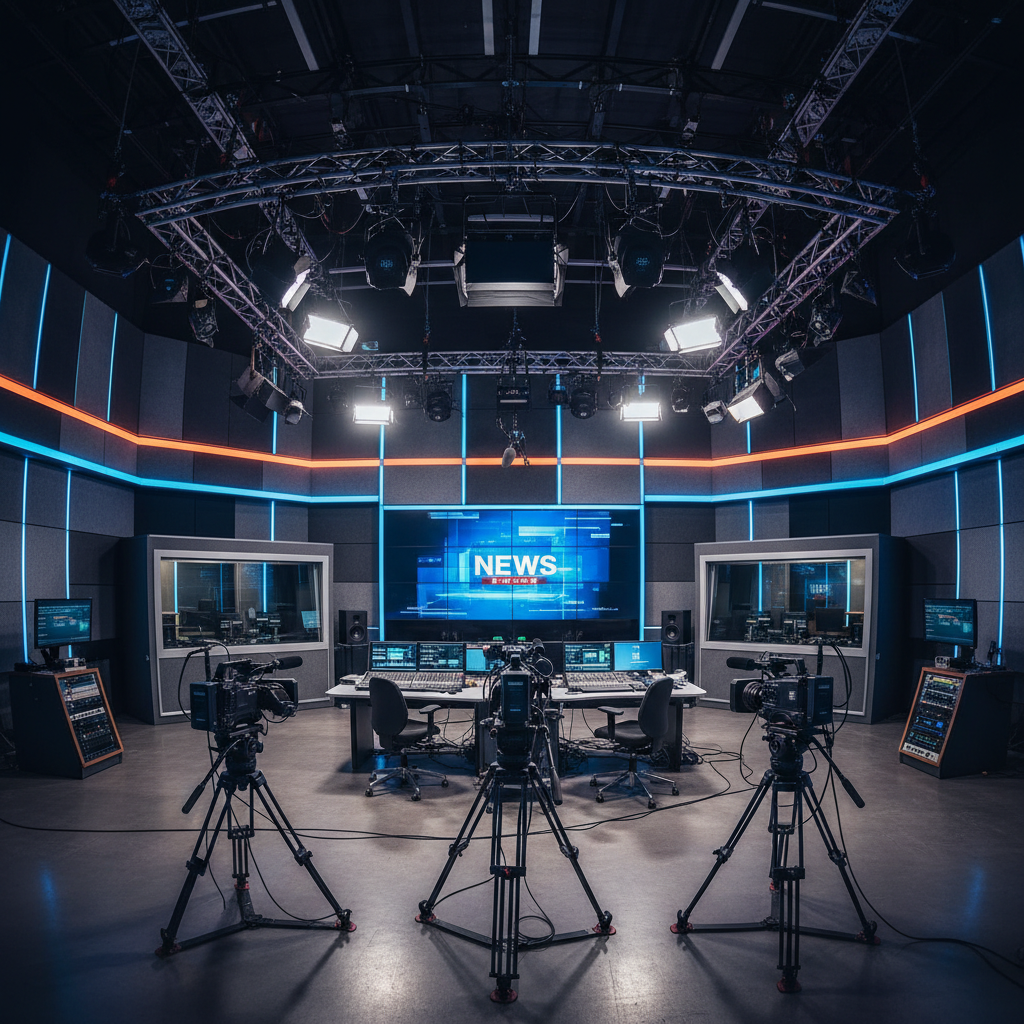Cinematic media production studio with professional equipment and lighting