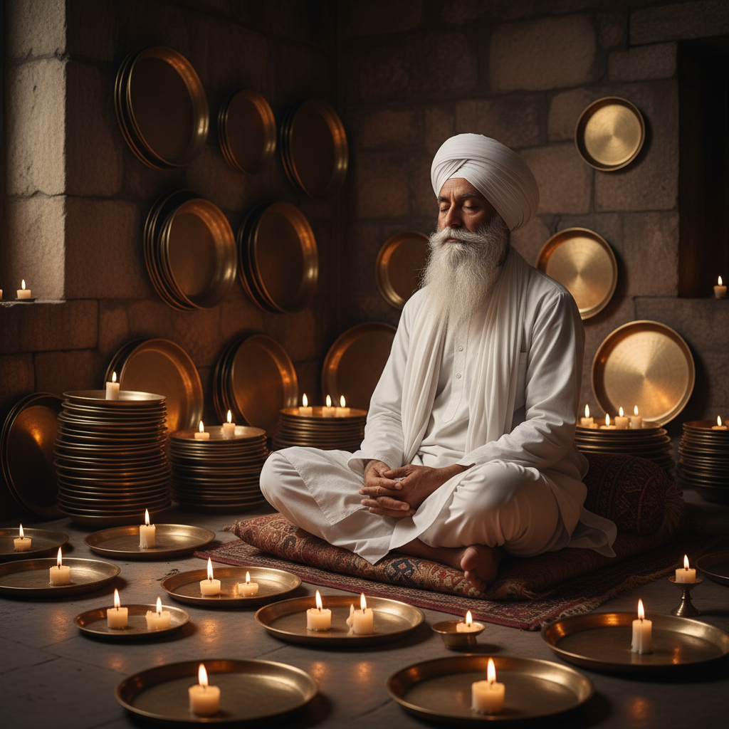 Warm candlelit interior of the gurdwara langar hall, brass thaals stacked along the wall, elderly Sikh man in white dastar seated in contemplation