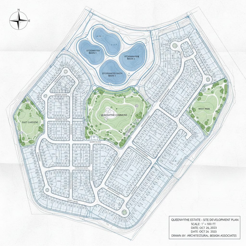 Detailed subdivision site layout plan showing residential lot grid, internal roads, green spaces, and drainage ponds for Queenhythe Estate development