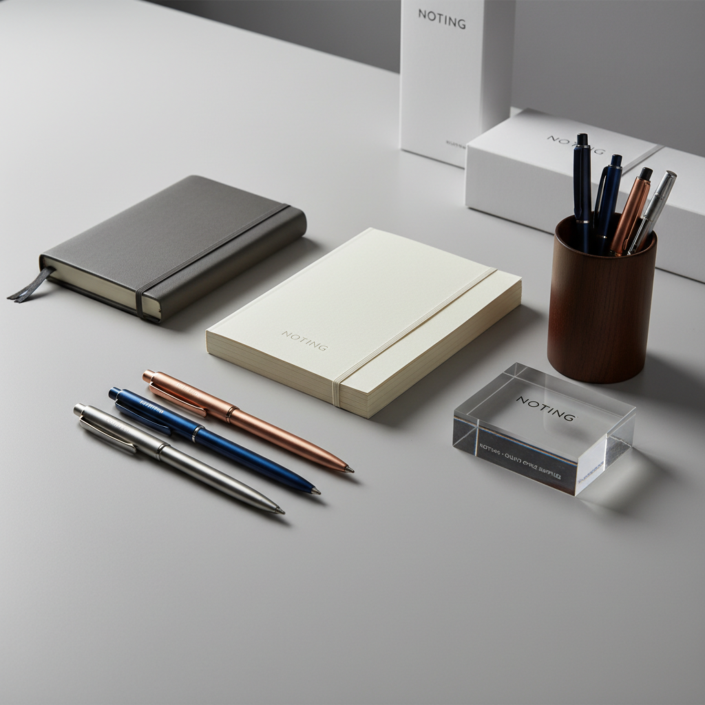 Premium branded stationery collection with notebooks, pens, and desk accessories