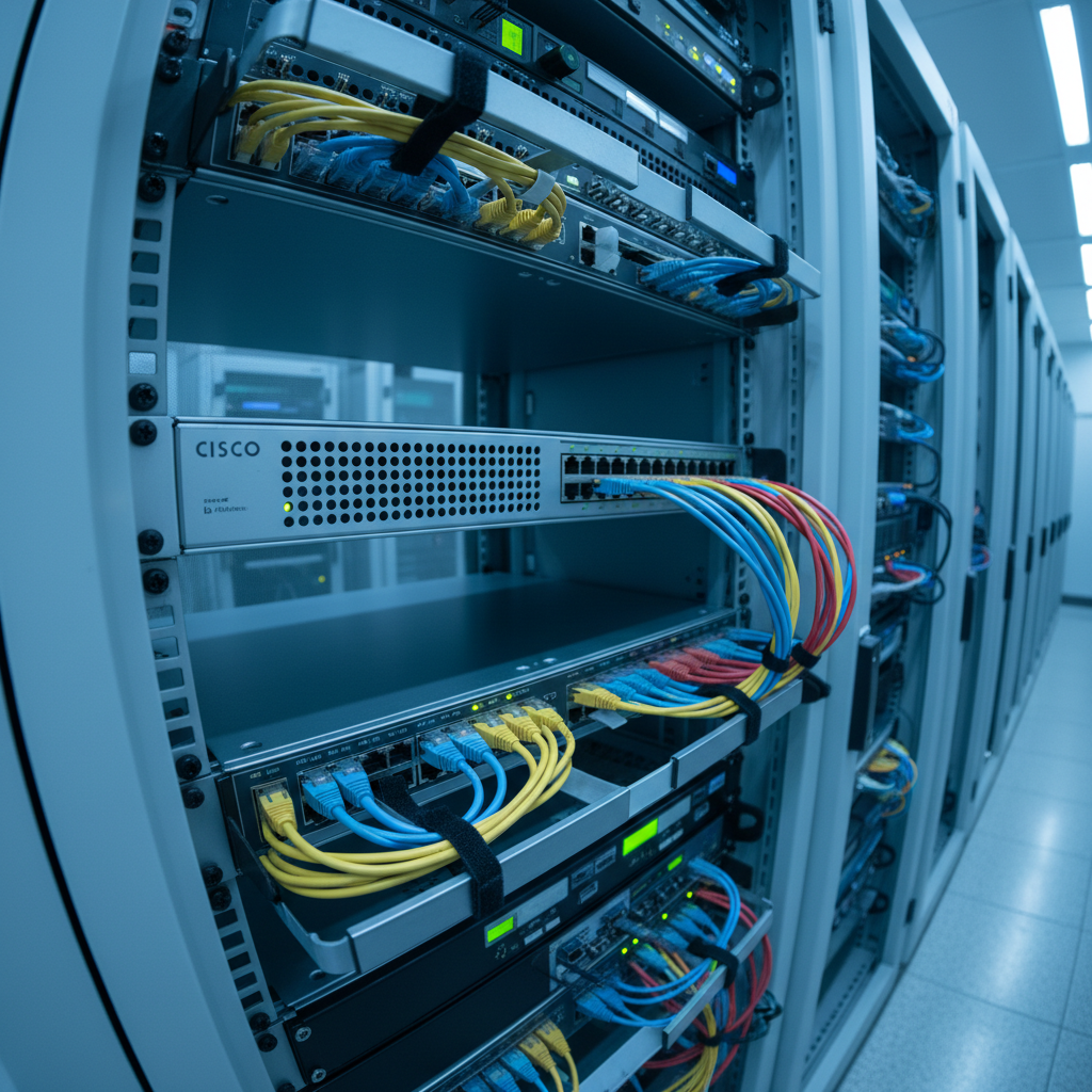 Network switch with ethernet cables connected for enterprise office network infrastructure