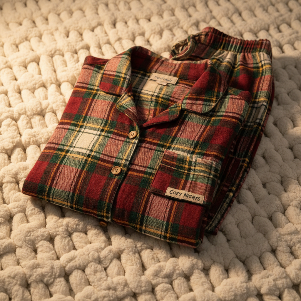 Cozy matching plaid pajama set in red and green harvest colors