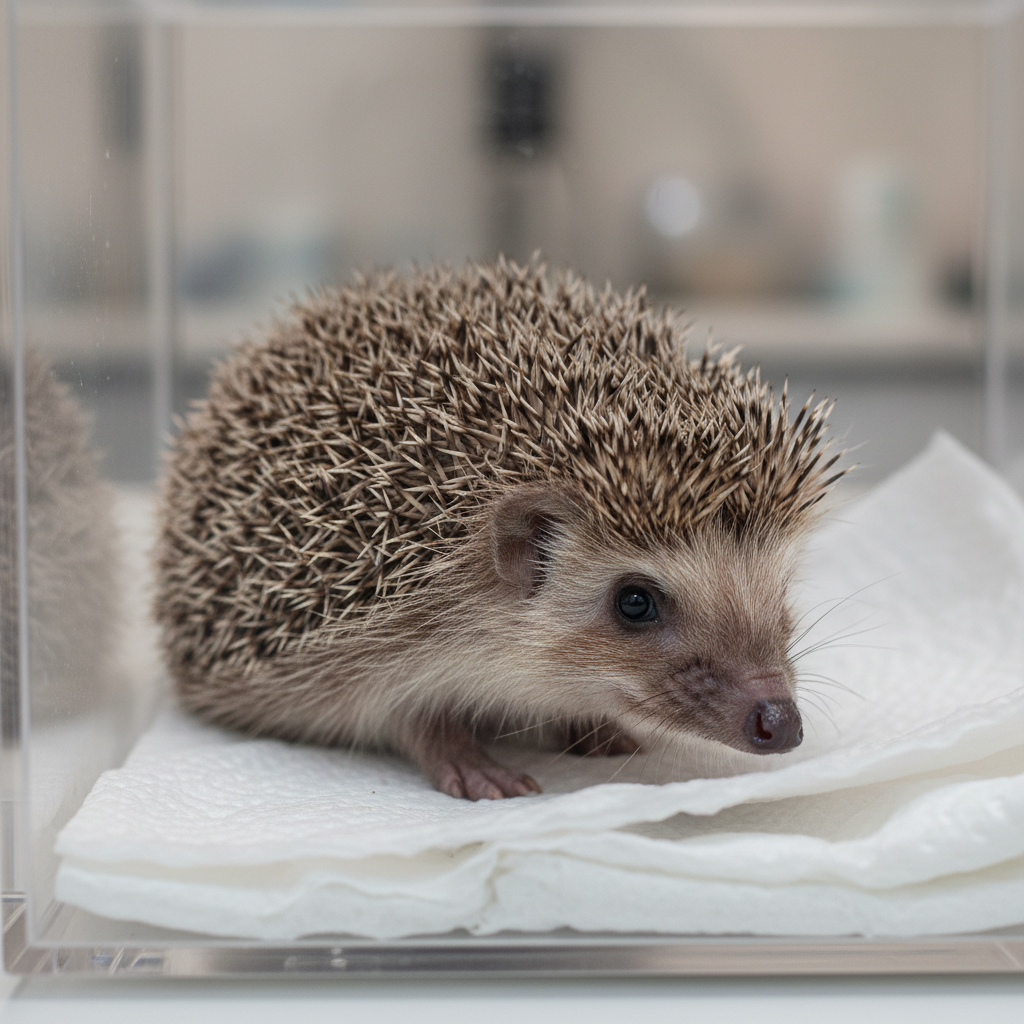 Fern a hedgehog with patchy spines from ringworm in an isolation enclosure with clean white bedding