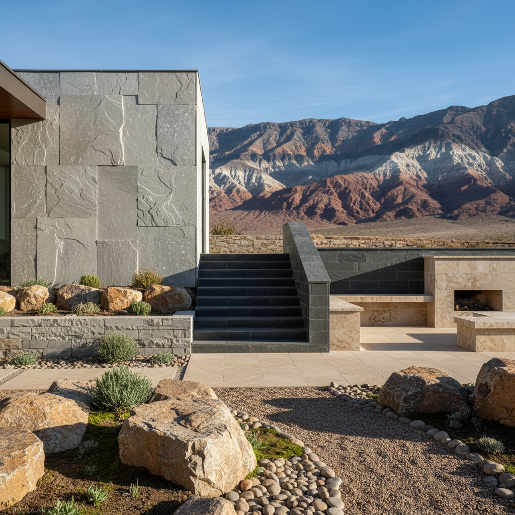 Troon Scottsdale luxury mountain home with desert boulder landscaping, panoramic views, warm natural stone exterior and golden afternoon light