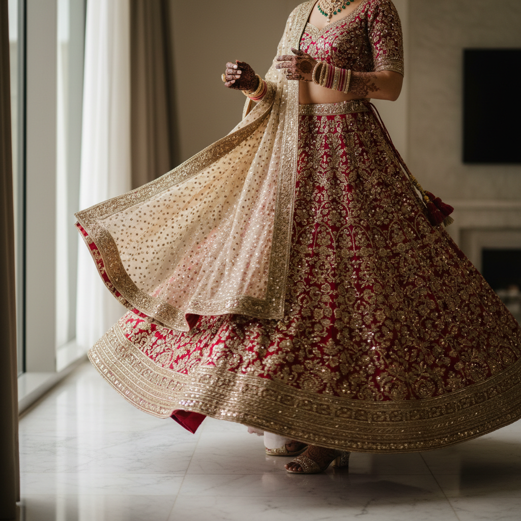 Bride in ivory lehenga with heavy gold jewellery, diffused window light, cream marble interior, soft shadows, editorial mood