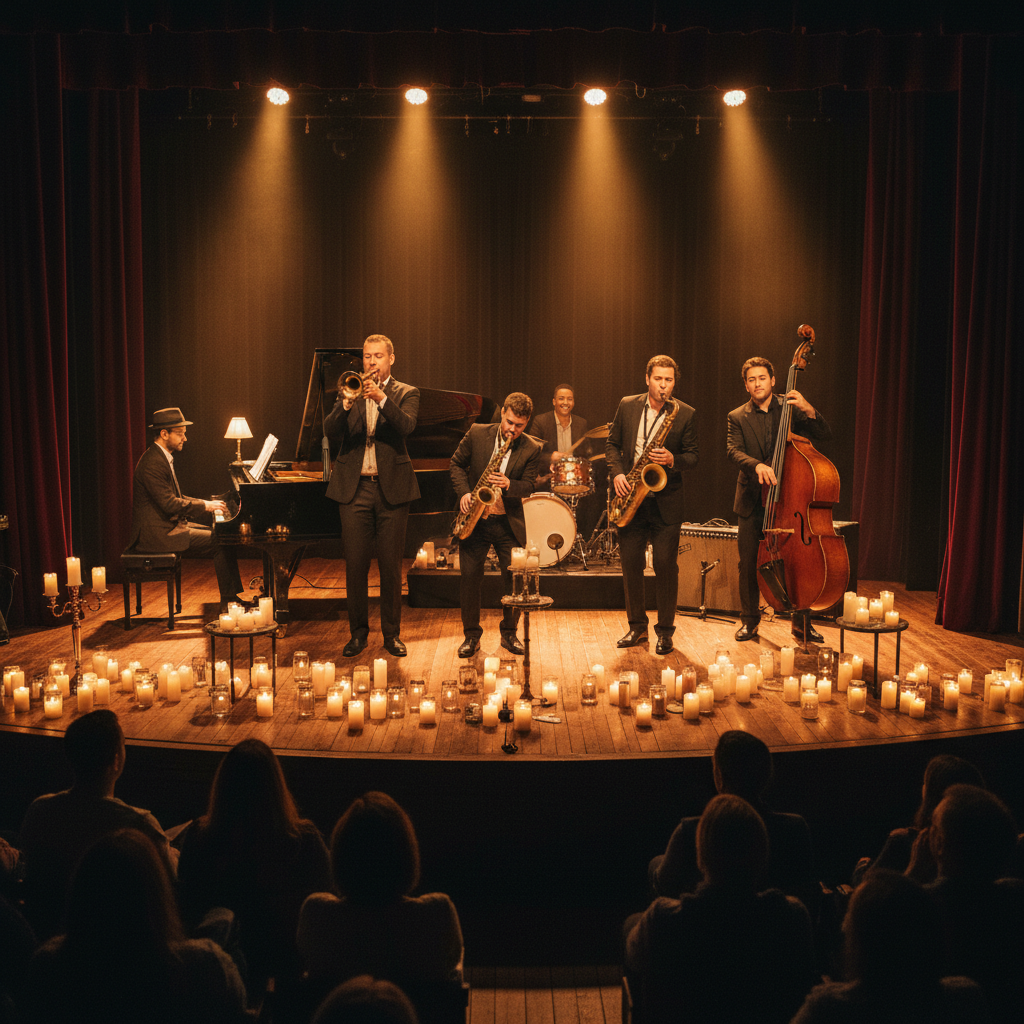 Banda de salsa vintage actuando en el escenario con cálida iluminación ámbar en entorno clásico de concierto