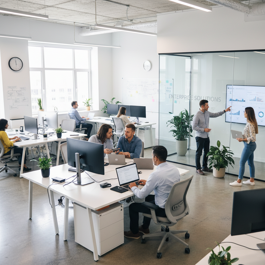Modern Nigerian tech office space with diverse team members collaborating around a table, bright natural light, green plants