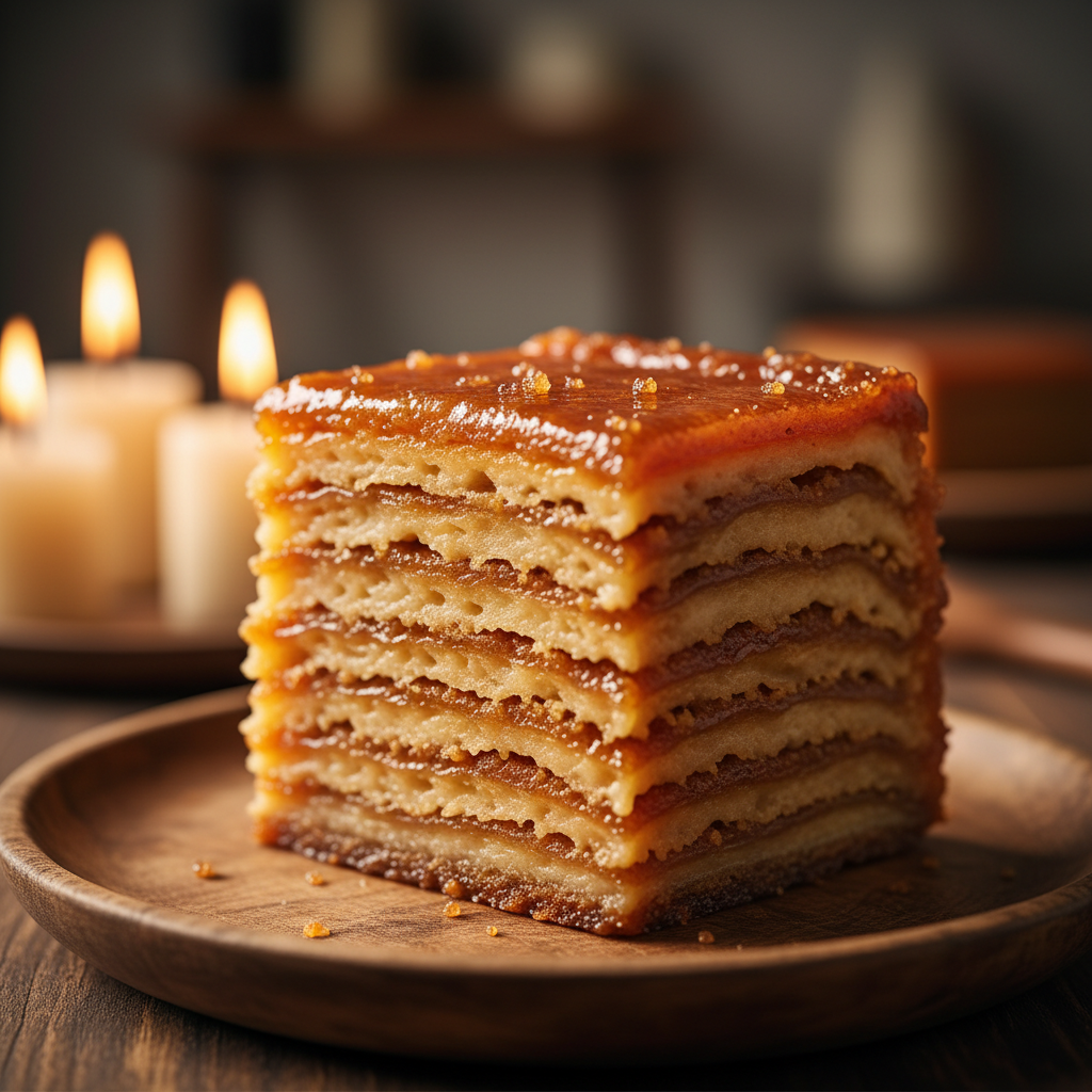 Golden mille-feuille pastry with vanilla cream layers on white plate, cross-section showing 48 layers