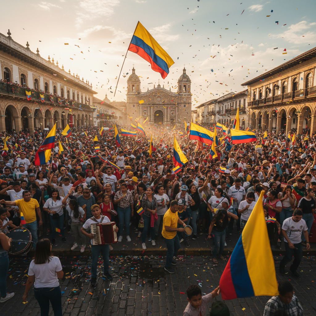 Colombian community gathering outdoors in a warm city setting, people celebrating with flags