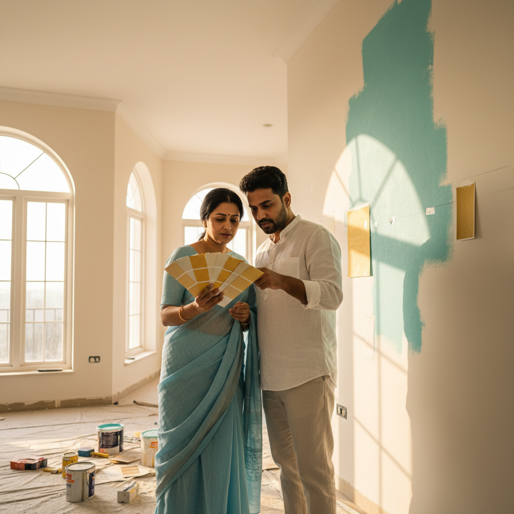 Indian homeowner couple reviewing paint colour swatches on a bright living room wall, warm afternoon sunlight, renovation in progress