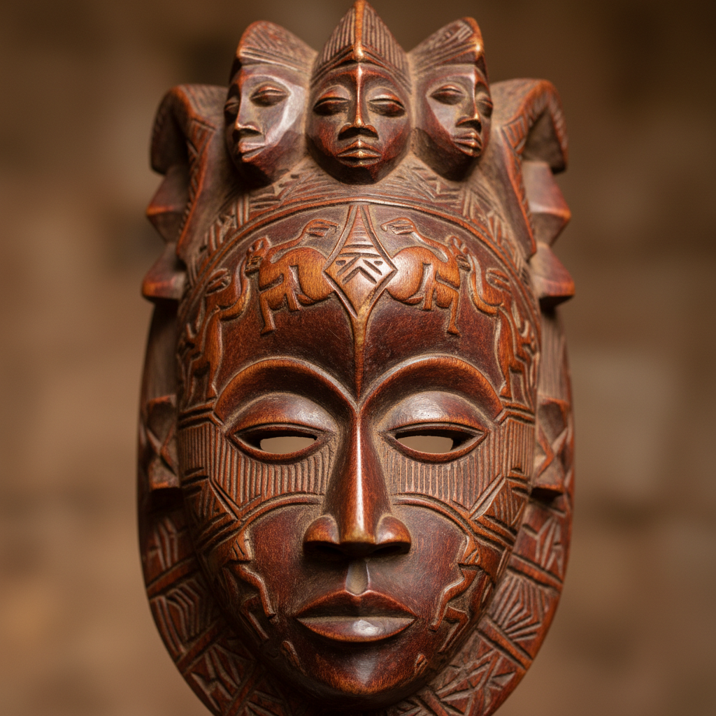 Masque cérémonie Gelede en bois sculpté avec coiffe élaborée, teintes sombres sur fond de salle de musée