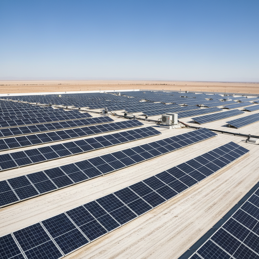 Large commercial warehouse rooftop with solar panels installed in neat rows against desert sky