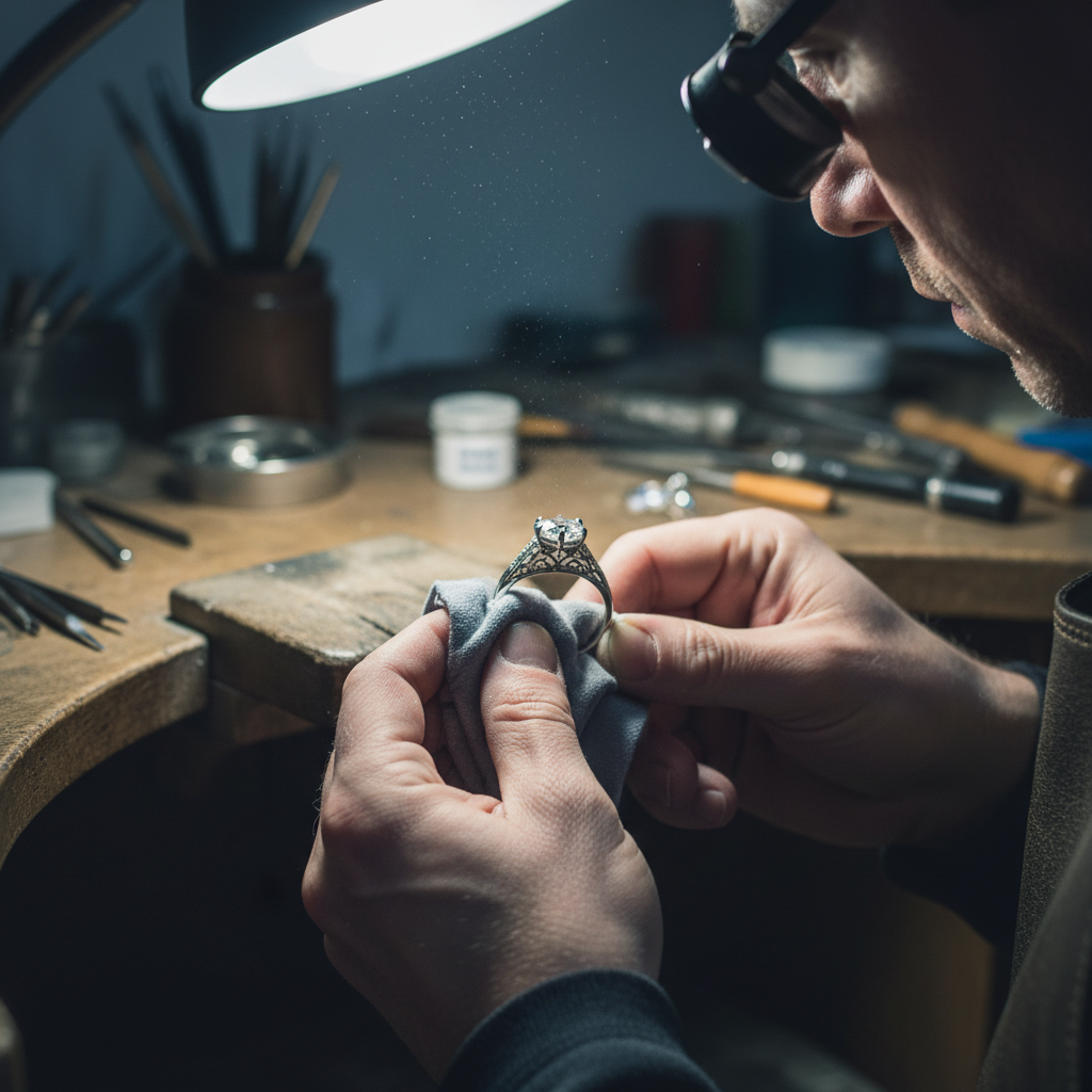 Close-up of jeweler's hands filing a silver ring on a bench pin, metal dust catching torch light