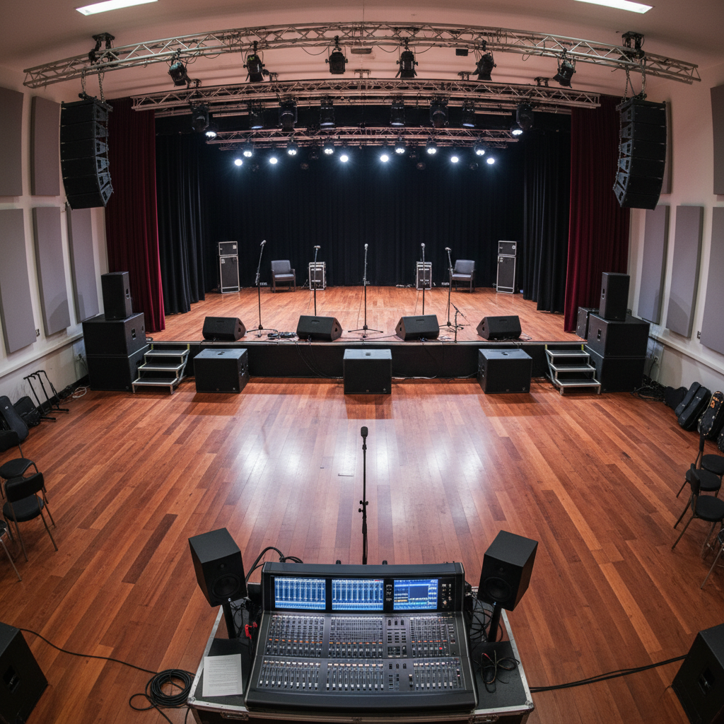 Premium showcase rehearsal suite with professional stage, FOH mixing position, and concert-grade PA system