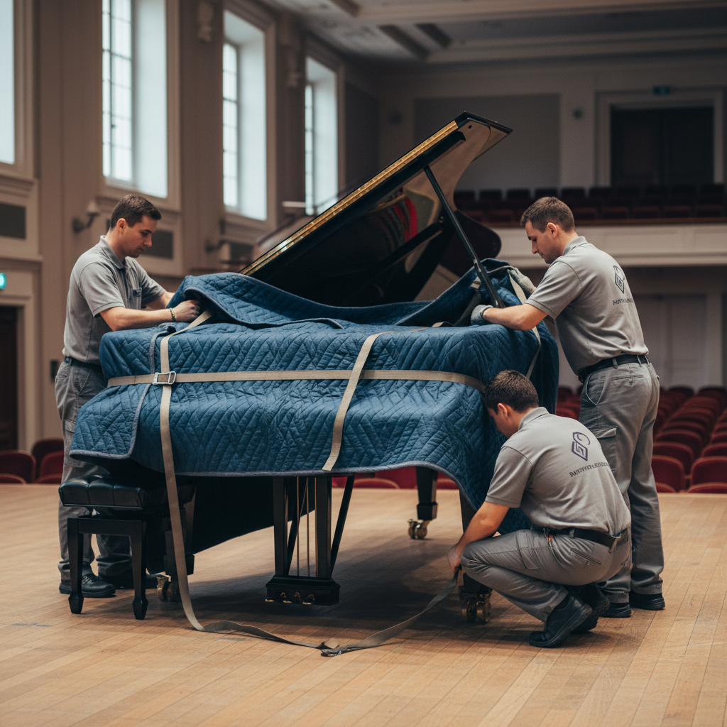 Steinway grand piano being carefully wrapped in quilted moving blankets by uniformed crew
