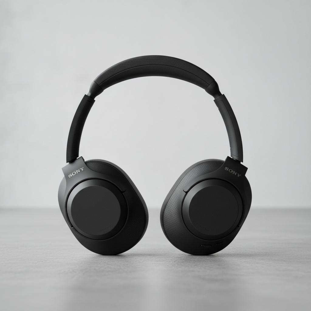 Black Sony WH-1000XM5 headphones front view on white background