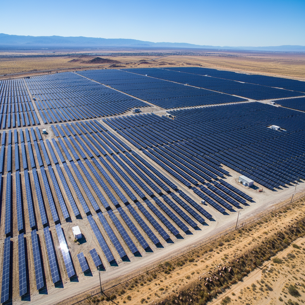Large-scale solar farm with rows of photovoltaic panels under a clear sky
