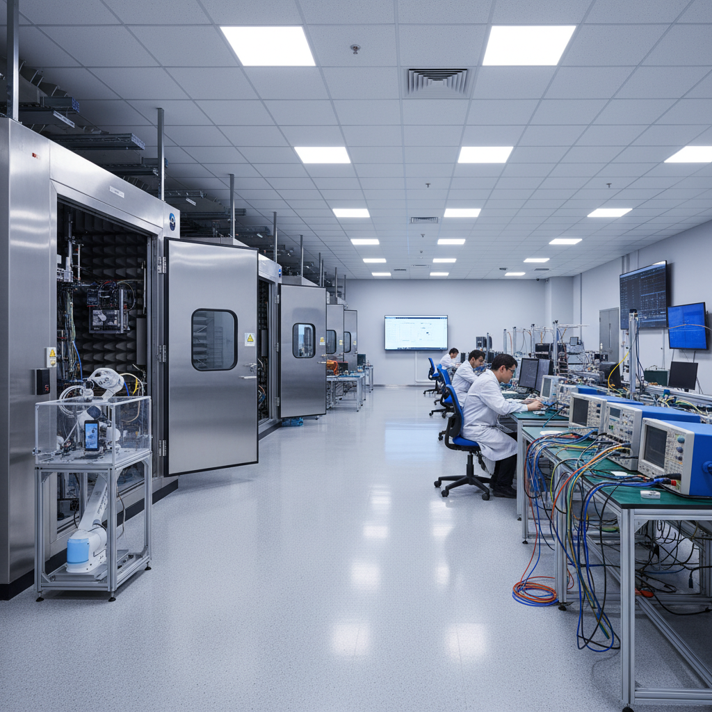 Electronics testing laboratory with precision measurement equipment and quality assurance protocols