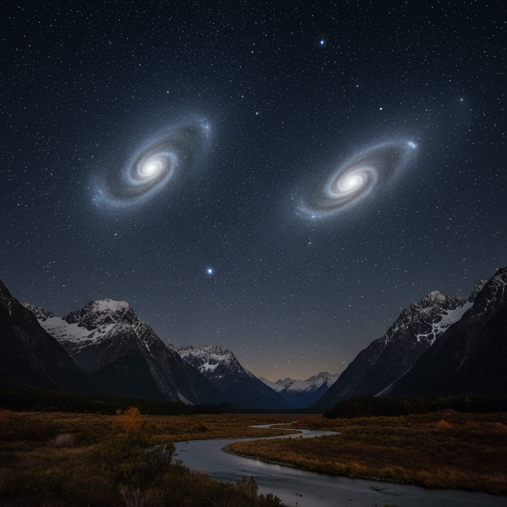 Magellanic Clouds visible above Fiordland peaks on a clear autumn night in New Zealand